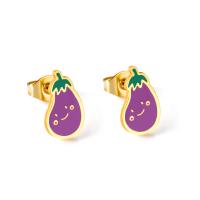 Stainless Steel Stud Earrings, Eggplant, gold color plated, for woman, 7x11.40mm, Sold By Pair
