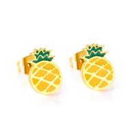 Stainless Steel Stud Earrings, Pineapple, gold color plated, for woman, 7.40x10.40mm, Sold By Pair