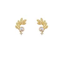 Tibetan Style Stud Earring, with ABS Plastic Pearl, Leaf, plated, fashion jewelry & for woman & with rhinestone, golden, Sold By Pair