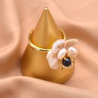 Freshwater Pearl Finger Ring 925 Sterling Silver with Gemstone & Freshwater Pearl Flower gold color plated Adjustable & for woman 27mm Sold By PC