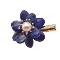 Alligator Hair Clip Lapis Lazuli with Freshwater Pearl & Brass Flower 18K gold plated for woman 50mm Sold By PC