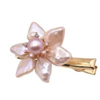 Alligator Hair Clip, Freshwater Pearl, with Brass, Flower, gold color plated, for woman & with rhinestone, 50mm, Sold By PC