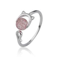 925 Sterling Silver Cuff Finger Ring, with Moonstone & Strawberry Quartz, Cat, plated, different materials for choice & for woman, 7.5x7mm, 20mm, US Ring Size:6-10, Sold By PC