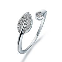 Brass Cuff Finger Ring, Leaf, Adjustable & Unisex & micro pave cubic zirconia, silver color, 16mm, Sold By PC