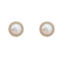 Brass Stud Earring, with Plastic Pearl, plated, for woman & with rhinestone, more colors for choice, nickel, lead & cadmium free, 27mm, Sold By Pair