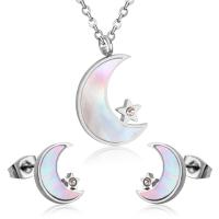 Fashion Stainless Steel Jewelry Sets Stud Earring & necklace with Shell Moon and Star plated micro pave cubic zirconia & for woman Length 17.72 Inch Sold By Set