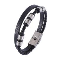 PU Leather Bracelet with Stainless Steel Double Layer & woven pattern & for man black Sold By PC