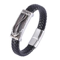 cuir PU bracelet, avec acier inoxydable, normes différentes pour le choix & motif tissé & pour homme, noire, Vendu par PC
