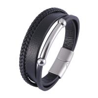PU Leather Bracelet with Stainless Steel multilayer & woven pattern & for man black Sold By PC