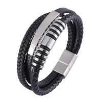 PU Leather Bracelet with Stainless Steel multilayer & woven pattern & for man black Sold By PC