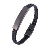PU Leather Cord Bracelets with Stainless Steel & woven pattern black Sold By PC