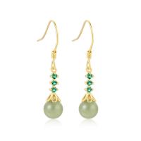 Natural Gemstone Earrings, 925 Sterling Silver, with Hetian Jade & Green Calcedony, gold color plated, different materials for choice & for woman & with rhinestone, 4.5x11.5mm, 0.6mm, Sold By Pair