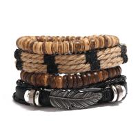 PU Leather Cord Bracelets, Cowhide, with Linen & Coco & PU Leather & Wax Cord & Copper Coated Plastic & Tibetan Style, 4 pieces & Adjustable & handmade & Unisex, 17-18cm,6cm, Sold By Set