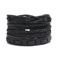 PU Leather Cord Bracelets, Cowhide, with PU Leather & Wax Cord, 4 pieces & Adjustable & handmade & Unisex, black, 17-18cm,6cm, Sold By Set