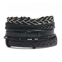 PU Leather Cord Bracelets, Cowhide, with Velveteen & Linen & PU Leather & Wax Cord, 4 pieces & Adjustable & handmade & Unisex, 17-18cm,6cm, Sold By Set