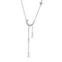 Titanium Steel Necklace, with 1.97inch extender chain, Moon and Star, for woman & with rhinestone, silver color, 64x11mm, Length:14.96 Inch, Sold By PC
