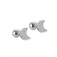 925 Sterling Silver Stud Earrings, Moon, platinum plated, for woman & with rhinestone, 4.8x6.2mm, 4mm, Sold By Pair