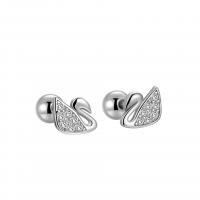 925 Sterling Silver Stud Earrings, Swan, platinum plated, for woman & with rhinestone, 5.5x5.8mm, 4mm, Sold By Pair
