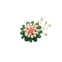 Freshwater Pearl Brooch, with Gemstone & Brass, Flower, for woman, mixed colors, 40mm, Sold By PC