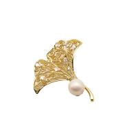 Freshwater Pearl Brooch, Brass, with Freshwater Pearl, Ginkgo Leaf, gold color plated, for woman & with rhinestone, more colors for choice, 58mm, Sold By PC