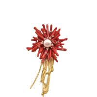 Fashion Brooch Jewelry Natural Coral with Freshwater Pearl & Brass Flower for woman & with rhinestone red 90mm Sold By PC