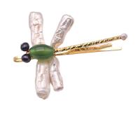 Hair Slide Brass with Gemstone & Freshwater Pearl Dragonfly 18K gold plated for woman & with rhinestone mixed colors 70mm Sold By PC