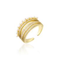 Brass Cuff Finger Ring with Plastic Pearl gold color plated & micro pave cubic zirconia & for woman 18mm Sold By PC