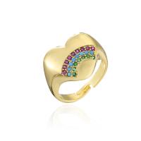 Латунь Манжеты палец кольцо, Сердце, плакирован золотом, Регулируемый & Радуга дизайн & инкрустированное микро кубического циркония & Женский, 18mm, продается PC