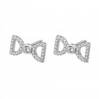 925 Sterling Silver Stud Earrings Bowknot platinum plated for woman & with rhinestone & hollow Sold By Pair