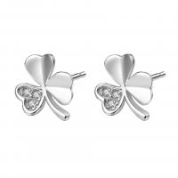 925 Sterling Silver Stud Earrings, Three Leaf Clover, platinum plated, for woman & with rhinestone, 8.50x9mm, Sold By Pair