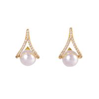 Cubic Zirconia Micro Pave Sterling Silver Earring 925 Sterling Silver with Plastic Pearl Round plated micro pave cubic zirconia & for woman Sold By Pair