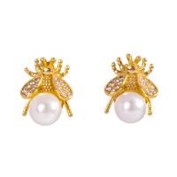 Cubic Zirconia Micro Pave Sterling Silver Earring, 925 Sterling Silver, with Plastic Pearl, Bee, plated, micro pave cubic zirconia & for woman, more colors for choice, 9.80x12.65x3.13mm, Sold By Pair