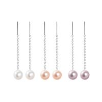 925 Sterling Silver Thread Through Earrings, with Freshwater Pearl, Round, silver color plated, different size for choice & oval chain & for woman, more colors for choice, 40mm, Sold By Pair