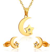 Fashion Stainless Steel Jewelry Sets Stud Earring & necklace Moon and Star plated cross chain & micro pave cubic zirconia & for woman Length 17.72 Inch Sold By Set