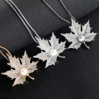 Zinc Alloy Jewelry Necklace with Plastic Pearl Maple Leaf for woman & with rhinestone Length 49.5 cm Sold By PC