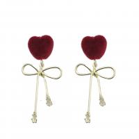 Brass Drop Earring with Plush Bowknot gold color plated micro pave cubic zirconia & for woman red Sold By Lot