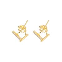 Brass Earring Stud Component, Letter V, gold color plated, DIY & micro pave cubic zirconia, nickel, lead & cadmium free, 12x12mm, Sold By Pair