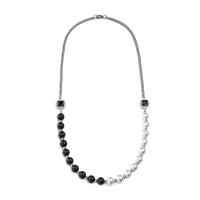 Titanium Steel Sweater Necklace, with Tibetan Style bead & ABS Plastic Pearl & Resin Rhinestone, Unisex, white and black, 20*13mm,10mm, Length:Approx 23.62 Inch, Sold By PC