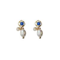 Freshwater Pearl Earrings, Brass, with pearl & Resin, real gold plated, Natural & fashion jewelry & for woman, 18mm, Sold By Pair