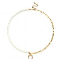 Plastik perle halskæde, Stainless Steel, med Plastic Pearl, med 1.97inch extender kæde, Moon, forgyldt, for kvinde, flere farver til valg, Længde Ca. 13.78 inch, Solgt af PC