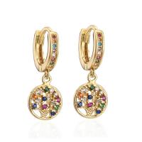 Huggie Hoop Drop Earring Brass 18K gold plated tree of life design & micro pave cubic zirconia & for woman Sold By Pair