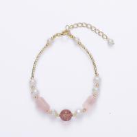 Bracelets quartz, quartz rose, avec perle d'eau douce cultivée & Strawberry Quartz & acier inoxydable, pour femme, couleurs mélangées, Longueur:14-19 cm, Vendu par PC