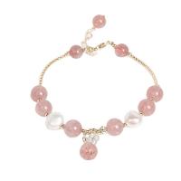 Bracelets quartz, Strawberry Quartz, avec perle d'eau douce cultivée & acier inoxydable, pour femme & avec strass, couleurs mélangées, Longueur:19 cm, Vendu par PC