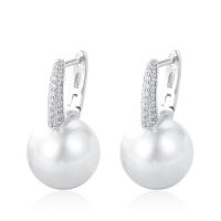 Messing Tropfen Ohrringe, mit Kunststoff Perlen, rund, plattiert, Micro pave Zirkonia & für Frau, keine, frei von Nickel, Blei & Kadmium, 11.60x21mm, verkauft von Paar