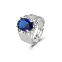 Anel de dedo do rhinestone, cobre, cromado de cor platina, Ajustável & para o homem & com strass, azul, 15mm, vendido por PC