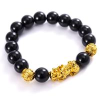 Bracelet de perles de verre, avec alliage de zinc & Acrylique, bête sauvage Fabuleuse, imitation obsidienne noire & unisexe, couleurs mélangées, Longueur:15 pouce, Vendu par PC