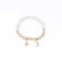 Freshwater Cultured Pearl Bracelet, Freshwater Pearl, with Cats Eye & Tibetan Style, Moon and Star, gold color plated, for woman & with rhinestone, white, Sold Per Approx 5.9 Inch Strand