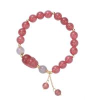 Bracelets quartz, Strawberry Quartz, avec Moonstone & laiton, Placage de couleur d'or, pour femme, blanc, Longueur:Environ 14-19 cm, Vendu par PC