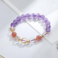 Quartz Bracelets, Amethyst, with Strawberry Quartz & Clear Quartz & Brass, gold color plated, for woman & with rhinestone, mixed colors, 8mm, Length:Approx 5.9 Inch, Sold By PC