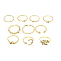 Cink Alloy Ring Set, Cink ötvözet, arany színű aranyozott, 10 darab & strasszos & vegyes, 16mm,17mm,18mm, Által értékesített Set